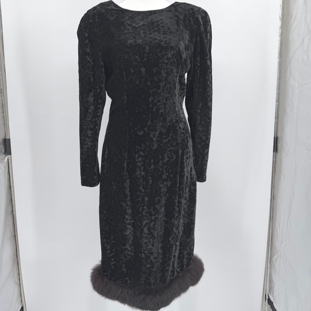 Black Floral Embossed Velvet Long Sleeve Fur Hem Midi Cocktail Dress Medium